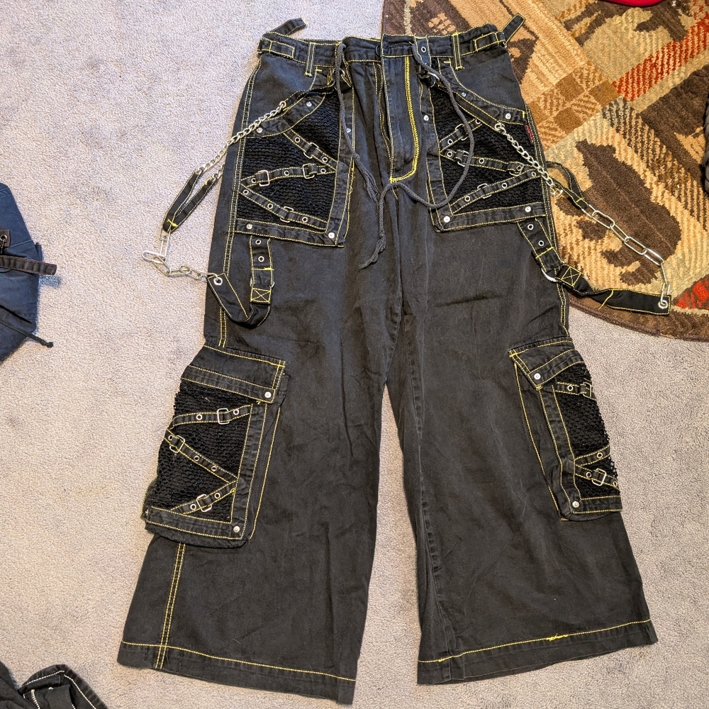 Tripp NYC Black Yellow Stitch Goth Rave Cyberpunk Wide Leg Pants Vintage Medium